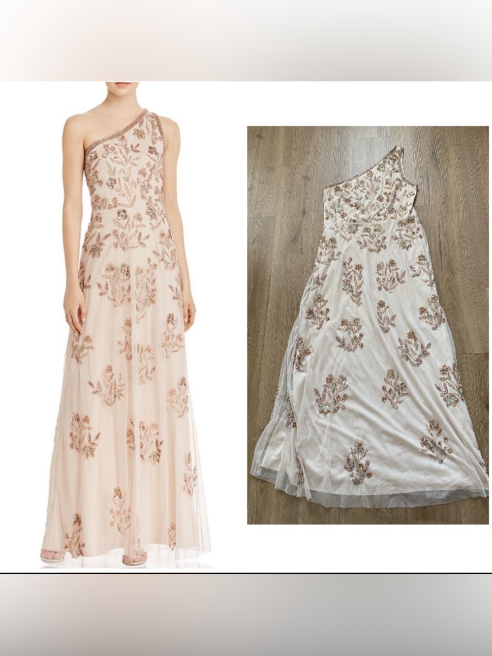Adrianna Papell One-Shoulder Blush Pink Floral Sequins Maxi Dress Gown